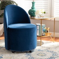 Baxton Studio WS-52226-Navy Blue Velvet-CC Bethel Glam and Luxe Navy Blue Velvet Fabric Upholstered Rolling Accent Chair